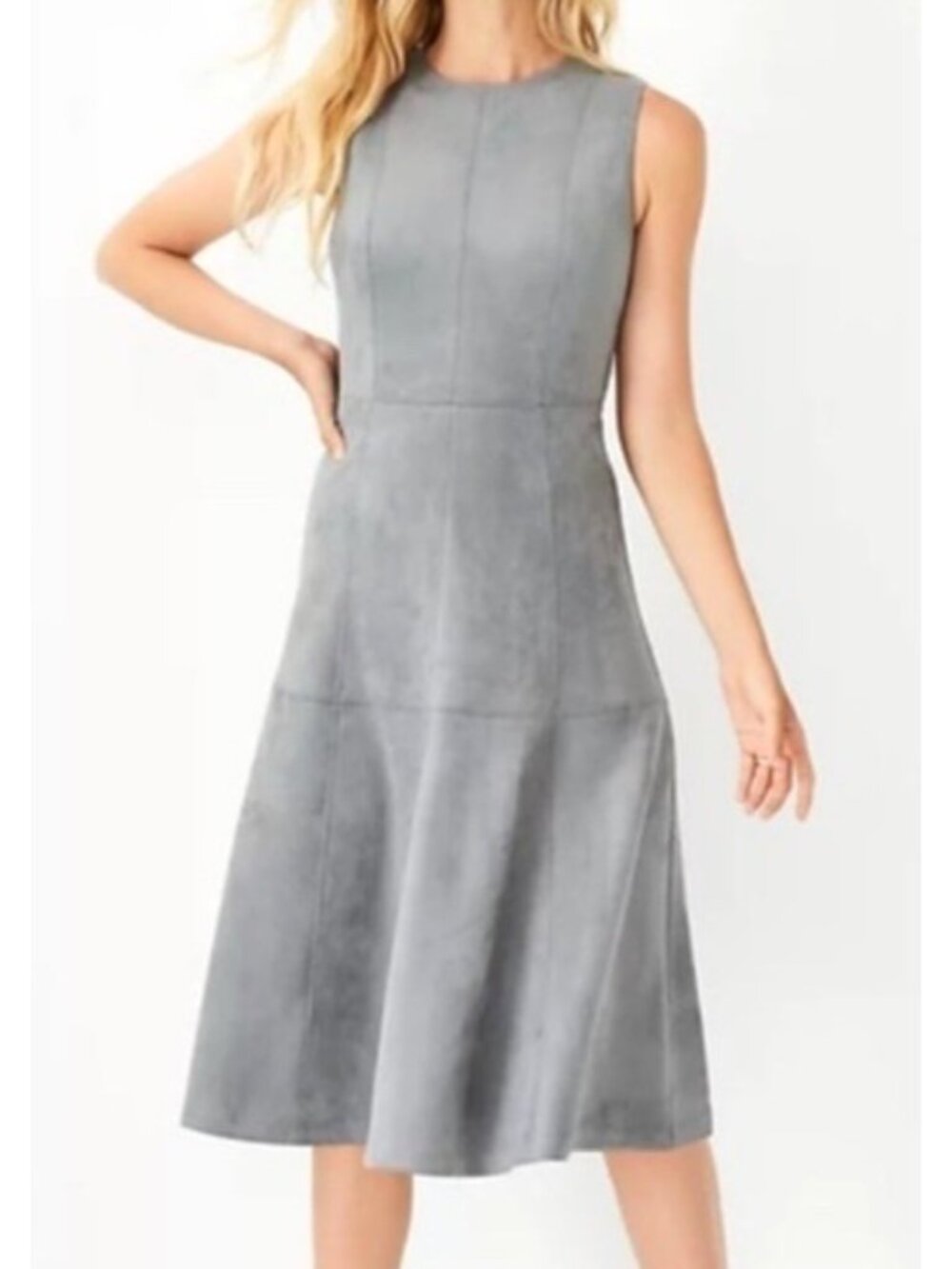 Ann Taylor Women's SZ 6 Gray Faux Suede Fit & Flare Sleeveless Midi Dress